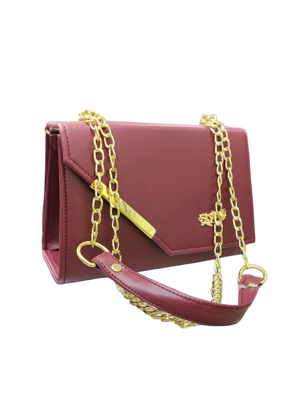 Elegant Wine Red Shoulder Bag with Gold Chain Strap