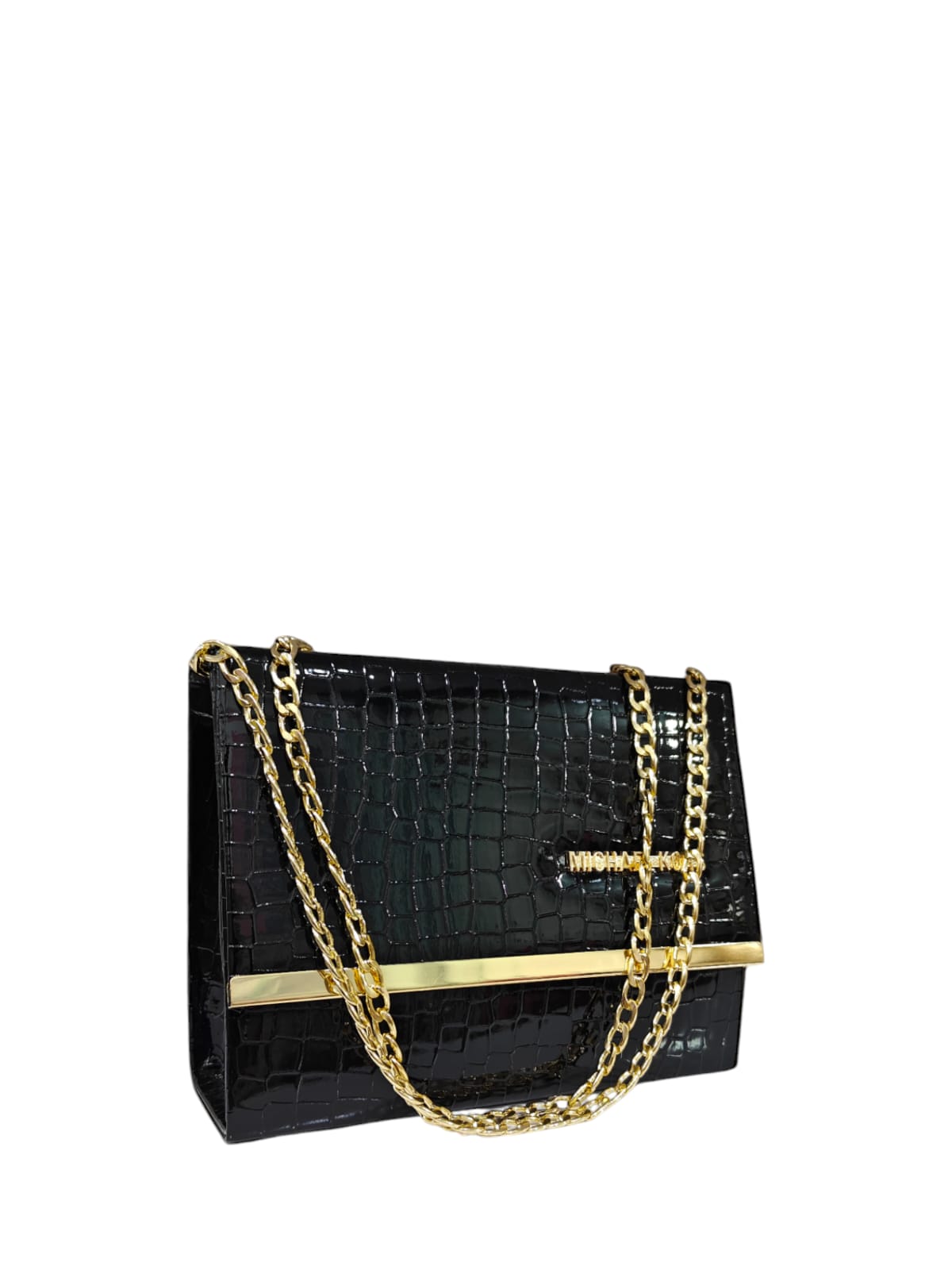 Elegant Black Croc-Textured Shoulder Bag with Gold Chain Strap